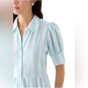 crown & ivy Light Blue and White Striped Puff Sleeve Shirt Dress